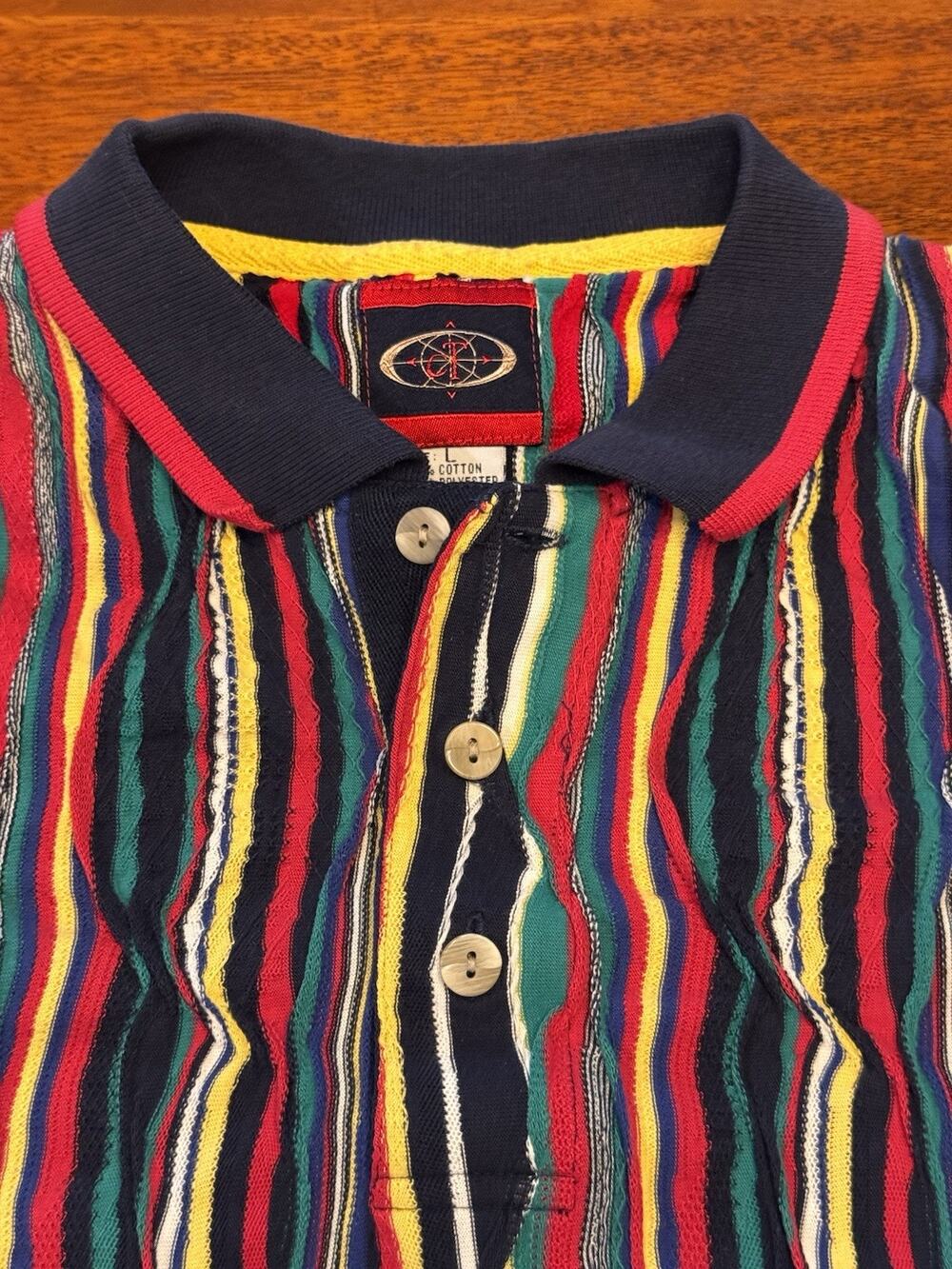 Large Vintage 90s CT Textured Knit Stripe Polo Shirt Coogi-Style Colorful USA